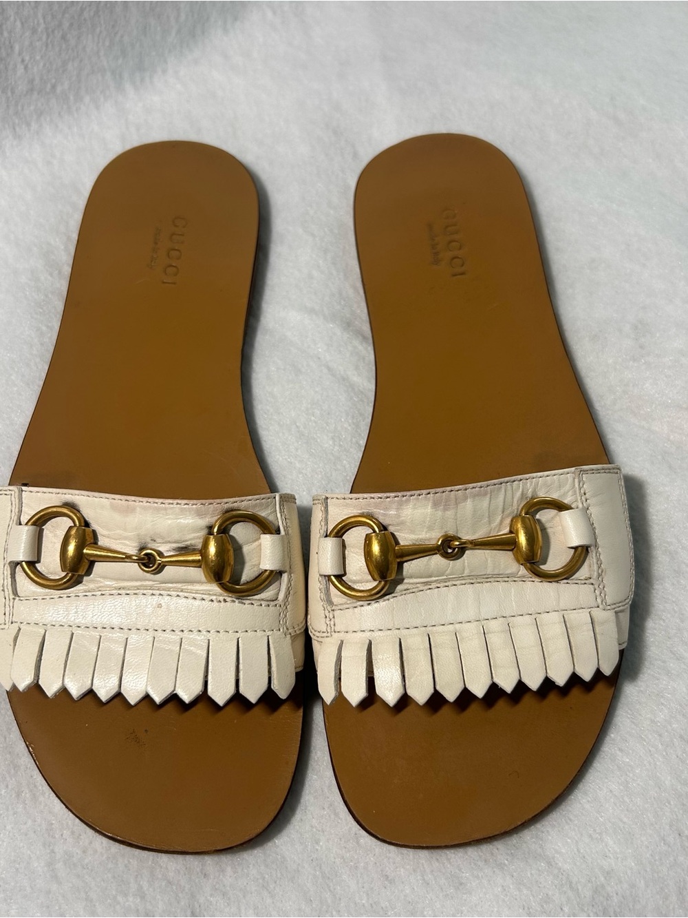 GUCCI White Leather Horsebit Fringe Slide Sandals Women's Size 38.5 / US 8